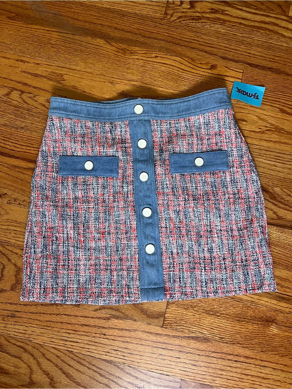 House of Harlow 1960 Pink and Blue Tweed Button-Front Mini Skirt NWT